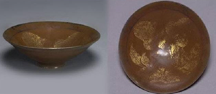 图:北宋定窑酱釉描金牡丹纹碗宋代酱釉描金受漆器的影响,这种瓷器